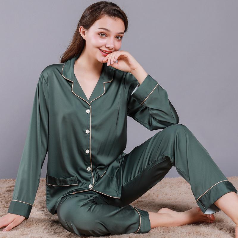 2024 Couple's Long Sleeve Pajama Set - Men's and Women's Imitation Silk for Spring and Autumn.