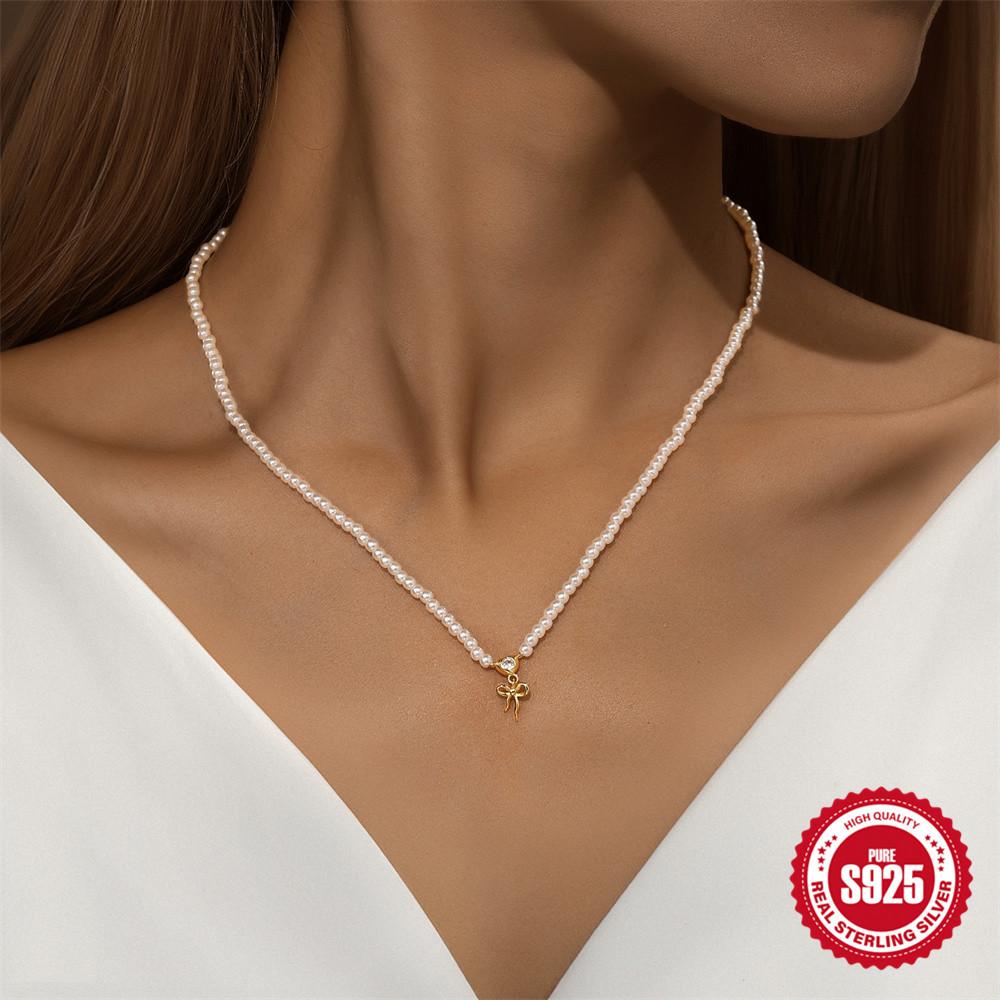 S925 Sterling Silver Mother'S Day Niche Design Sense Of Love Rose Bow Pearl Stacked Wearing Versatile Exquisite Necklace