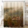 Autumn Forest House Shower Curtain: Foggy Morning in the Woods with Fireplace Smoke Fall Decor for Bathrooms