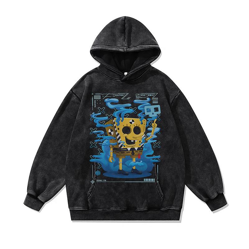 Dark Two-Dimensional Cartoon Digital Direct Injection Printing Hooded Sweater For Men And Women Washed And Old Hoodie