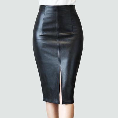 Damen Frühlings Bodycon PU-Lederrock Eng Anliegend Elegant Einfarbige Schlitzrock
