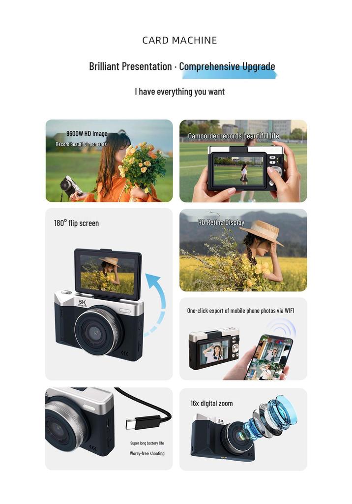Retro 5K HD Portable Campus Camera with 9400W Pixel for Digital Video Shooting