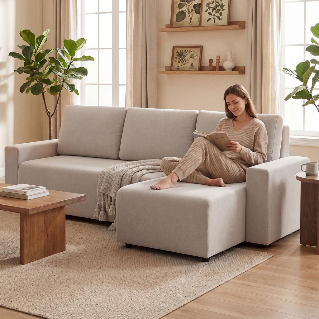 Corner Sofa with Sleep Function and Reversible Chaise Longue, L-Shaped 3-Seater Sofa with Velour Cover, Beige