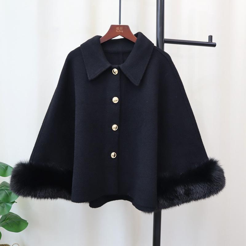 

Autumn and winter new knitted double-sided woolen cloak light luxury fluff high-end temperament coat shawl women average size чорний