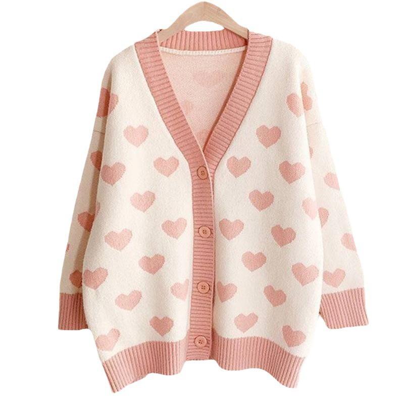 V-neck loose sweater jacket women's loose large size love gentle contrasting knitted top