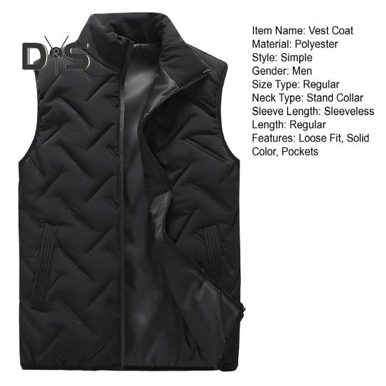 Men Vest Coat Stand Collar Sleeveless Zipper Closure Winter Vest Outwear with Pockets Solid Color Thickened Padding Cotton Coat