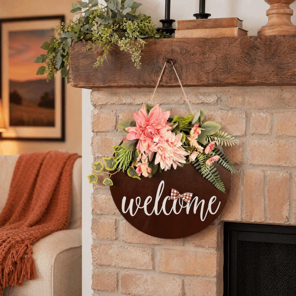 Pink Flower Arrangement Welcome Sign with Flowers Front Door Welcome Sign Porch Hanging Decor