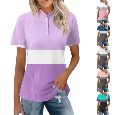 Women Casual Polo Neck Short Sleeve Loose Fit Top Fashionable Pullover Blouse with Button Up Design for Daily Wear