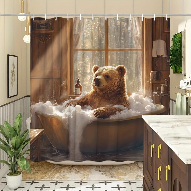 1Pc Bear Shower Curtain - Funny Brown Bear Bathing, Rustic Wood Grain, Country Cartoon Design, Modern Bathroom Decor