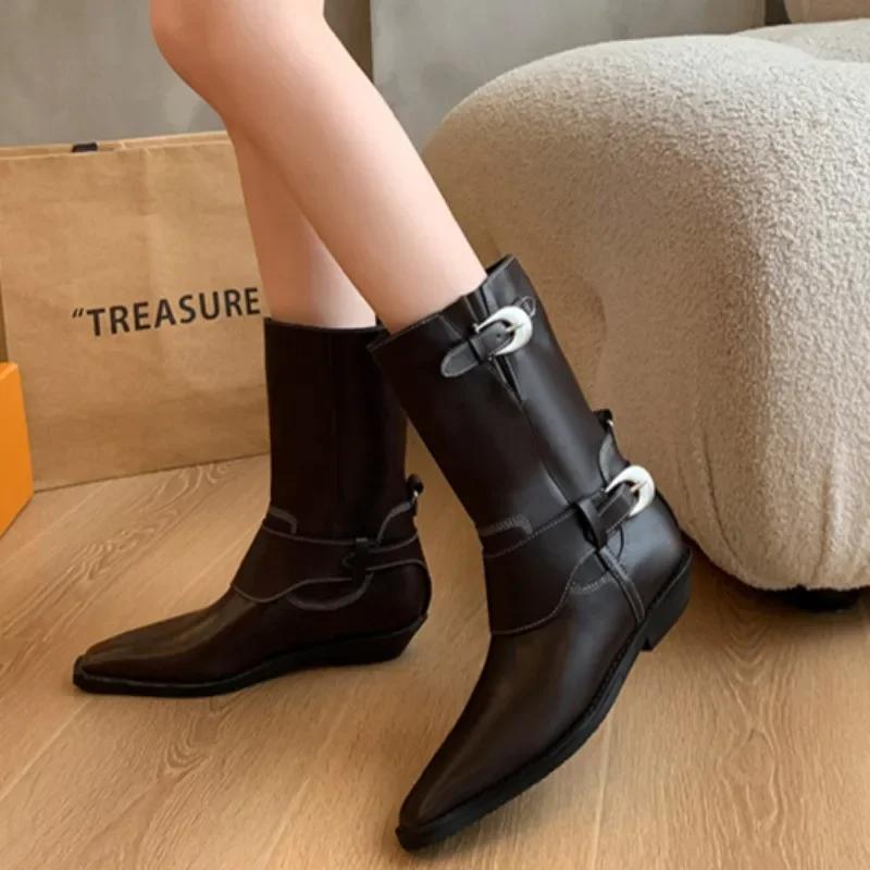 2025 Hot Sale Women's Shoes Mid-Calf Women's Boots Elegant Modern Boots Women Buckle Pointed Toe Slip on Low Heel Shoes Women