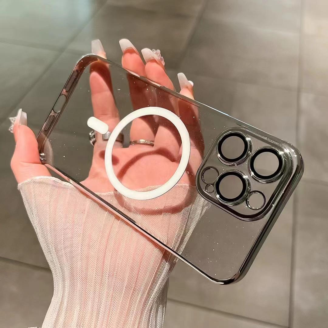 

Подходит для iPhone 16, чехол для мобильного телефона, гальванизированная вспышка Starry Sky, порошковая магнитная пленка для линз Apple 15, прозрачный жесткий чехол для ПК iPhone11 серебряный