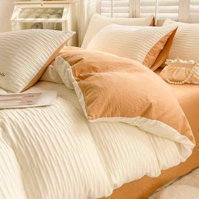 Washed Cotton Four-piece Set, Simple Bed Sheet Quilt Cover, Dormitory Pure Cotton Solid Color Three-piece Set