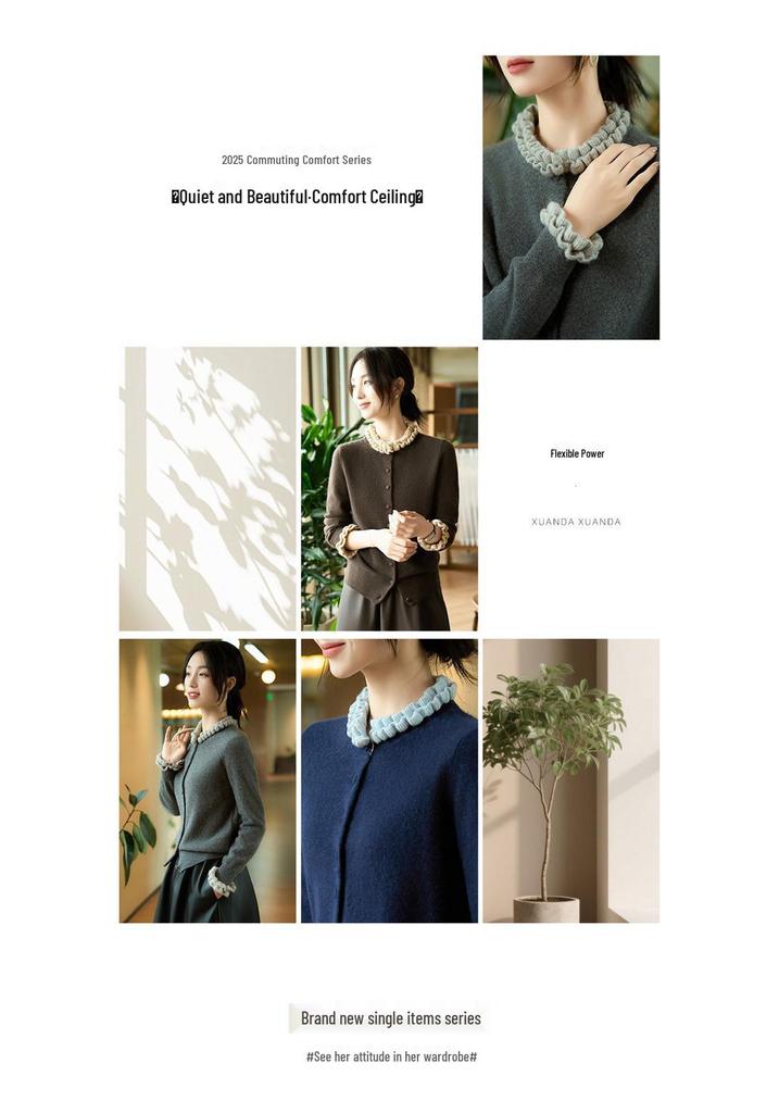 Women's Pure Wool Lace Ruffle Collar Knit Cardigan with Color Block Design