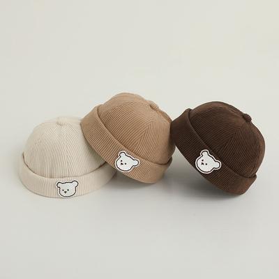 Cappello senza tesa in velluto a coste per neonati, con orso dei cartoni animati, berretto a melone per bambini dai 3 ai 24 mesi, berretto caldo autunnale, tinta unita, berretto Docker per neonati