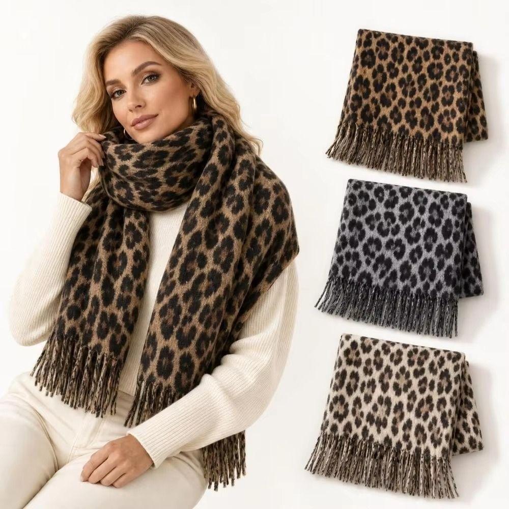 Fleece Leopard Print Scarf Thick Scarves Retro Winter Shawl Wrap  Daily Commute