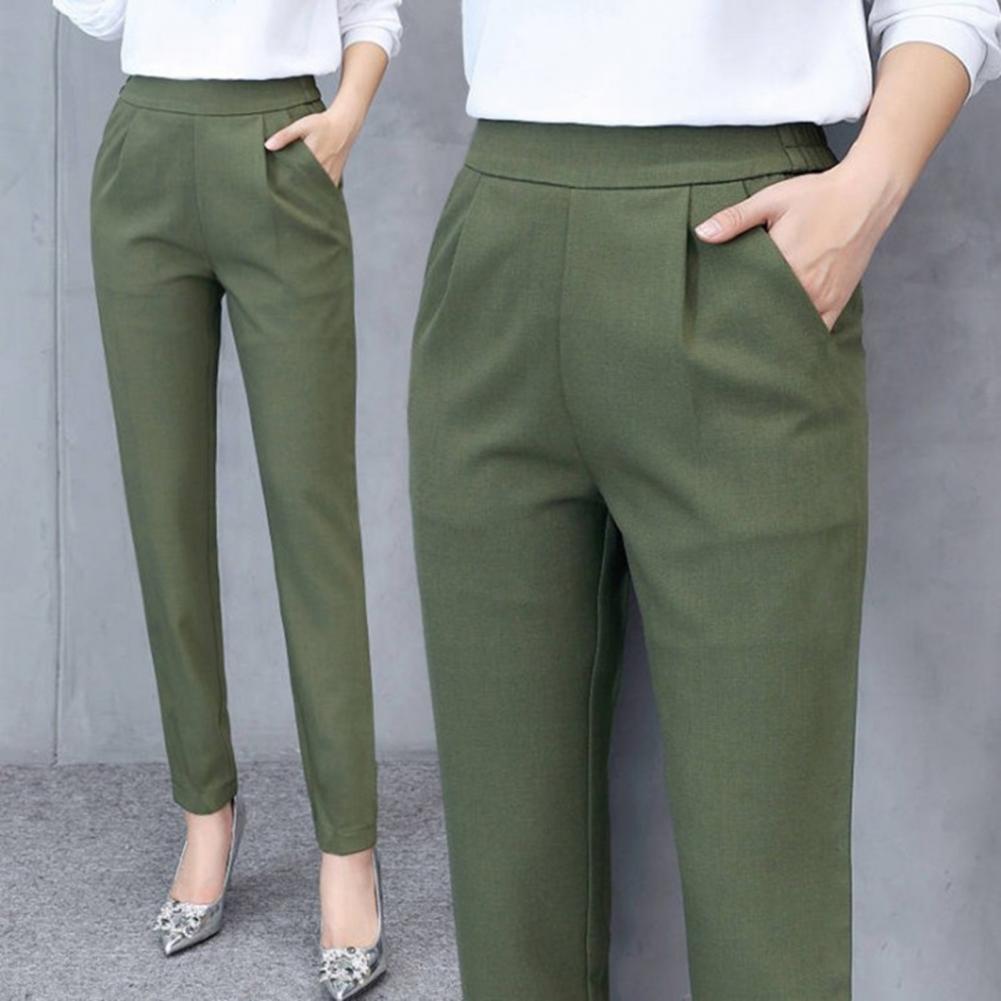 Soft Trousers Elegant Women's High Waist Slim Fit Pants with Pockets for Office Lady Style Solid Color Casual Commuting Trousers
