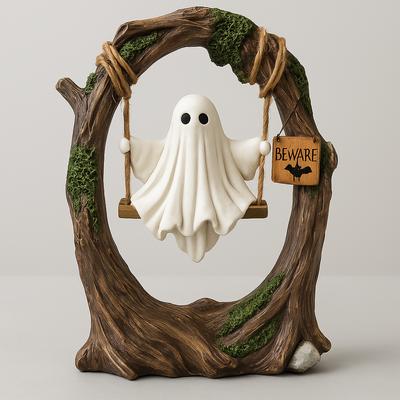 Halloween Cute Ghost On Tree Swing Resin Ornament Hanging Decoration For Porch Garden Or Indoor Wall Display