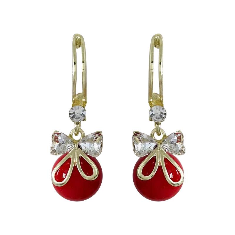 Burgundy Bowknot Pearl Earrings: High-End Dangle Studs for Women - Luxury Autumn/Winter Niche Design New Year Accessories
