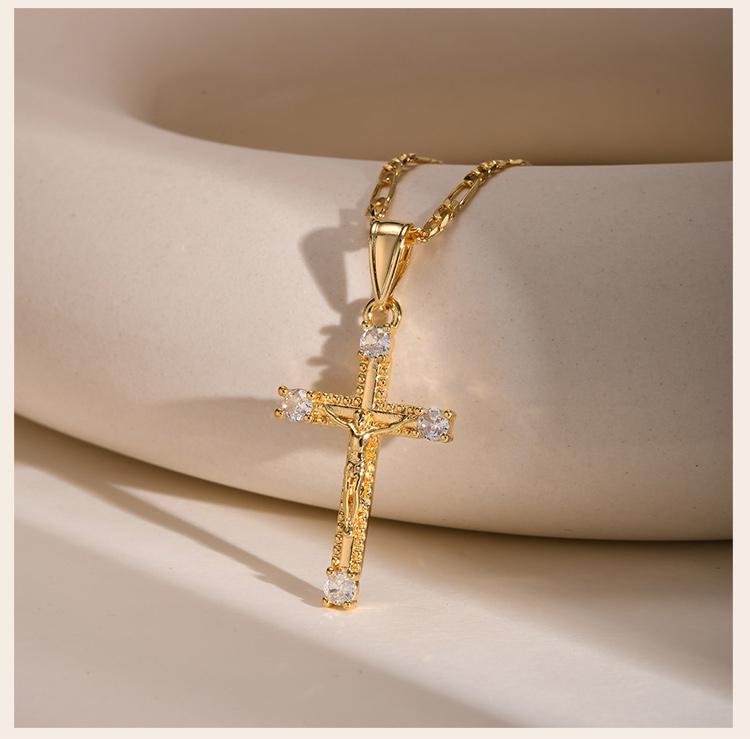 CZ Cross of Jesus Christ Crucifix Pendant Necklace, Figaro Chain Adjustable, Women Catholic Jewelry