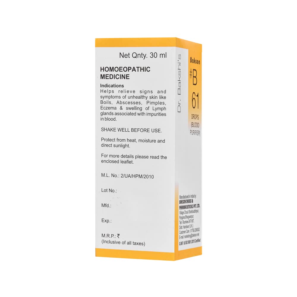 Dr. Bakshi's Bakson's B61 Blood Purifier Drops 30 Ml Pack of 1 for Clear Healthy Skin