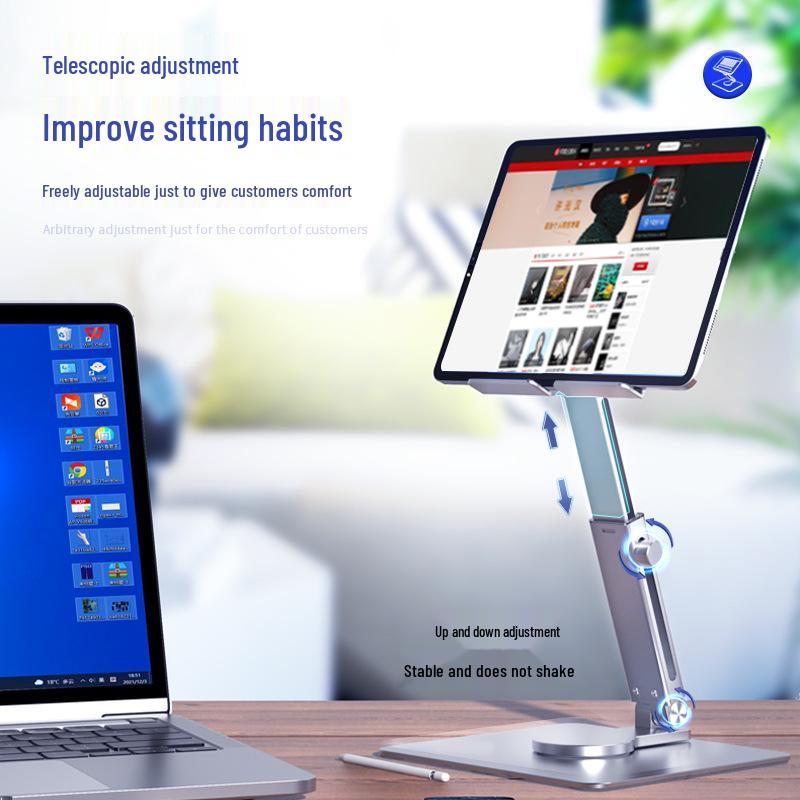 Adjustable Aluminum Tablet & Phone Stand: Foldable, Telescopic, Rotating, Portable.