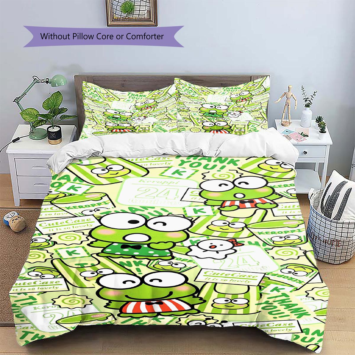 Lovely Creative Keroppi Themed Bedding Set 3PCS Cute Frog Pattern Duvet Cover Set Soft Bed Linen for Kids Dorm Bedroom Decor 135x200cm