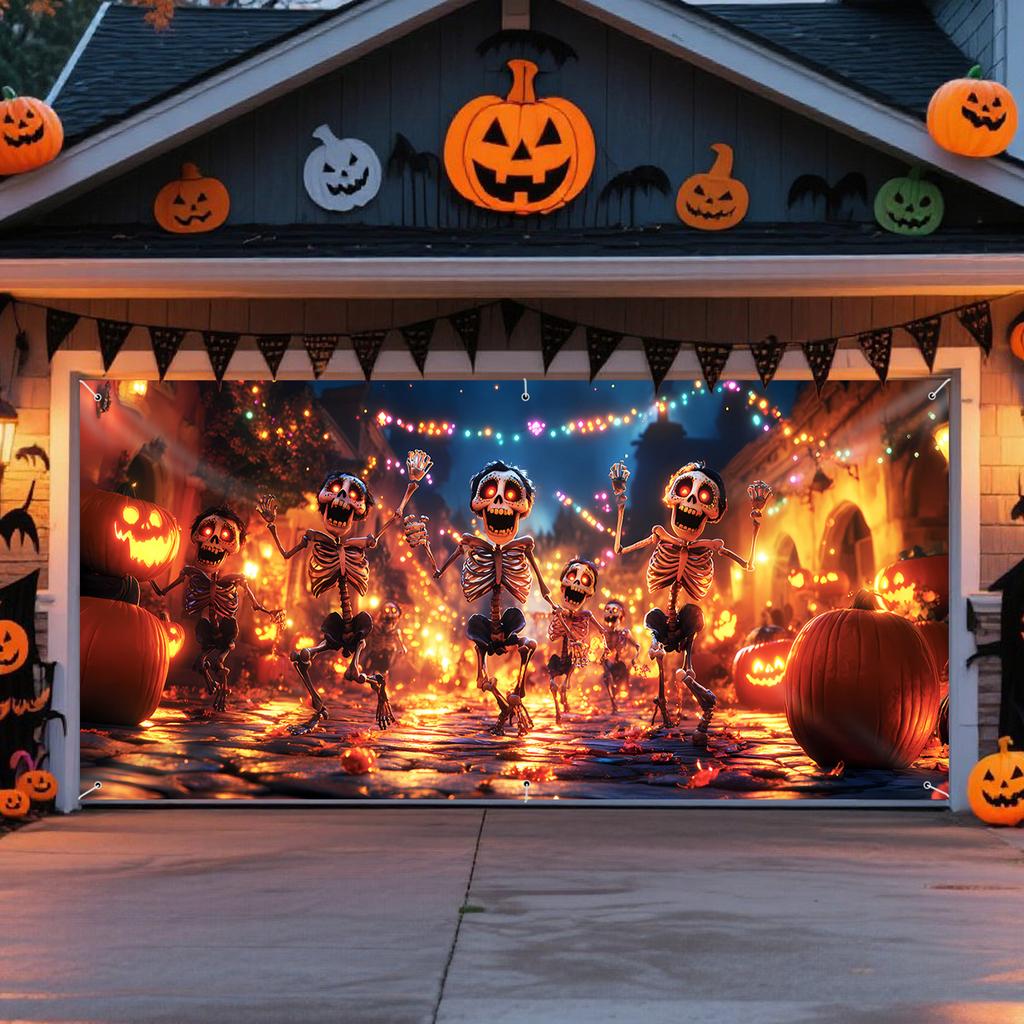 One large Halloween garage door banner - featuring dancing skulls and glowing pumpkin lanterns designzyc
