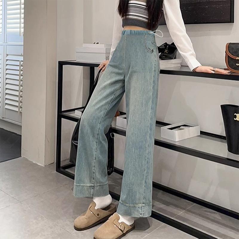Maternity jeans with pockets, side drawstring, wide-leg pants, loose-fitting nine-point pants, retro outer straight-leg pants.