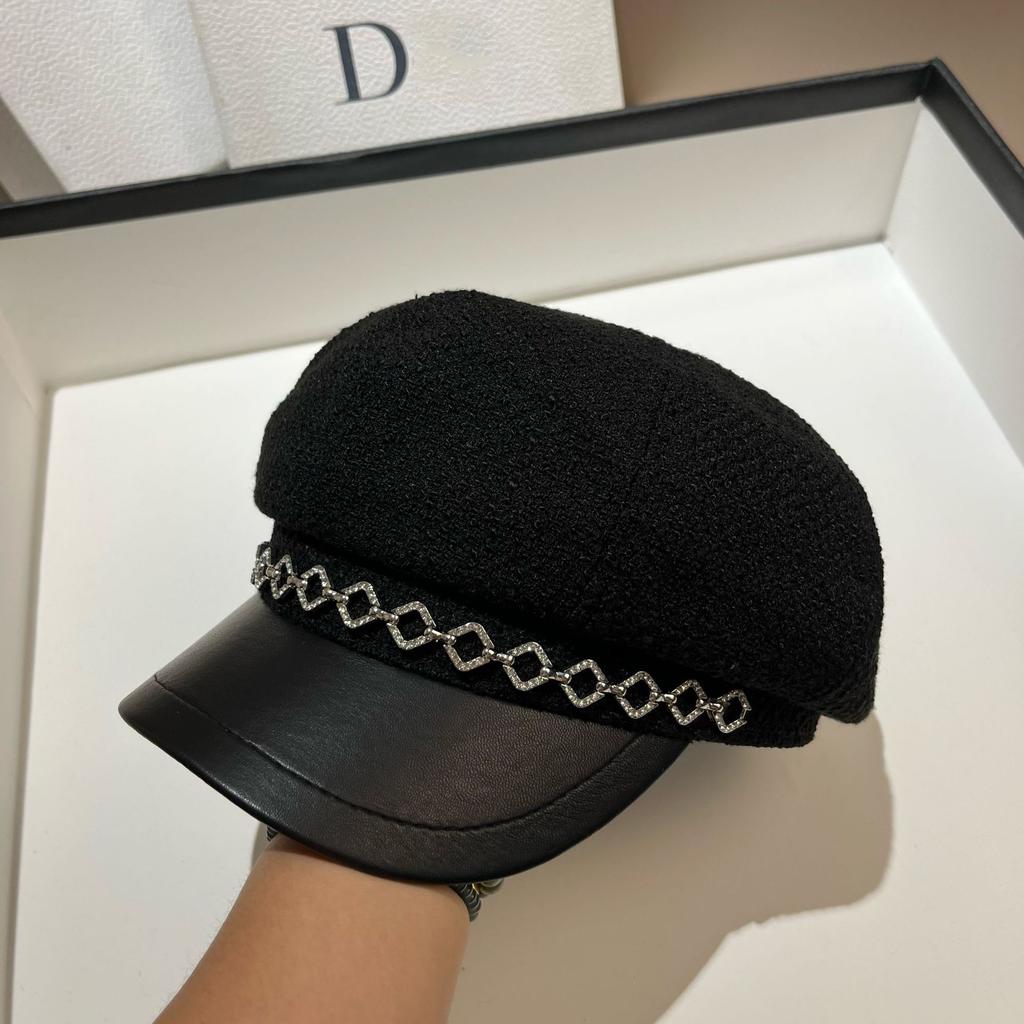 Dongdaemun Tail Order High Quality Fine Flash Small Fragrant Wind Octagonal Hat Spring And Autumn Versatile Rhinestone Rough Tweed Newsboy Hat Girl