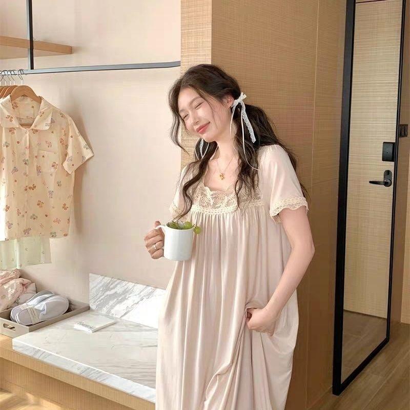 Pigiama da donna estivo stile corte francese, colletto quadrato, ampio, tinta unita, pizzo, sexy, loungewear