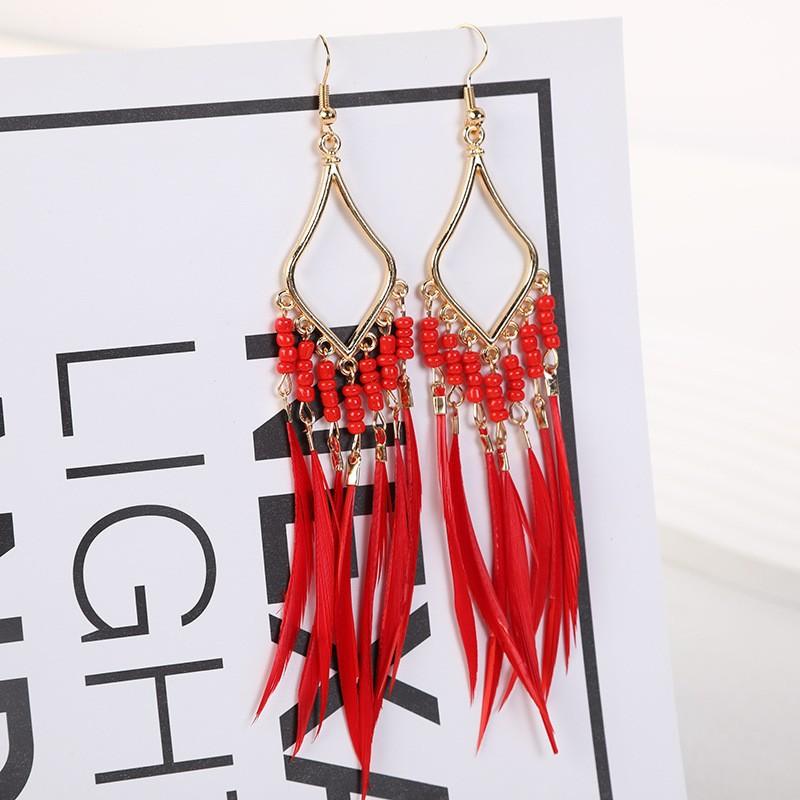 Vintage Bohemian Feather Tassel Earrings Exaggerated Ethnic Vacation Dangle Ear Jewelry Fashion Accessories For Women