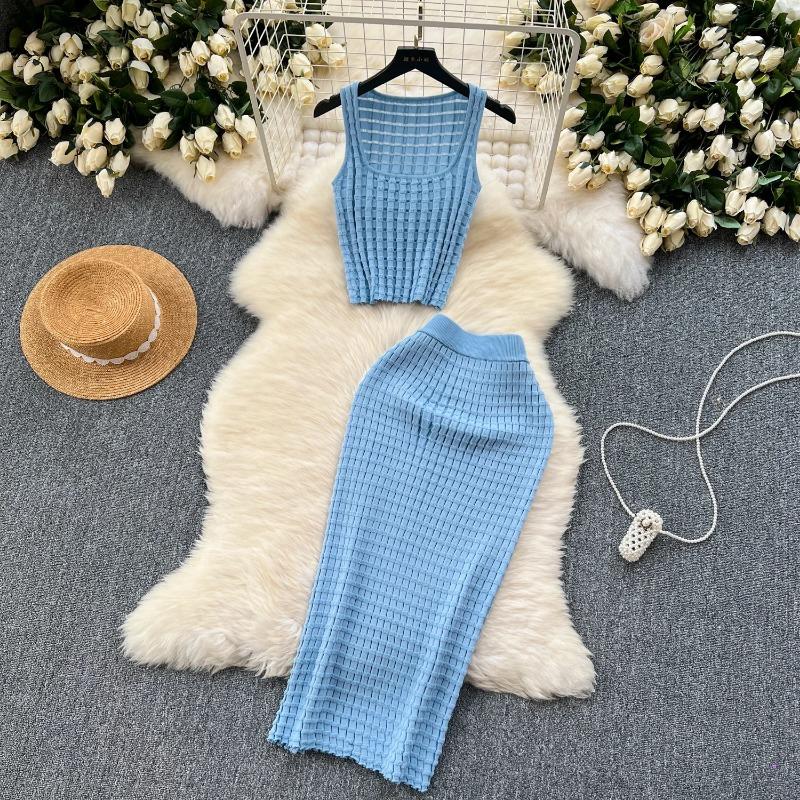 Gonna da donna alla moda estiva, set di canottiere sexy senza maniche, vita alta, slim, lunga, Saya, abiti da donna in due pezzi, vestiti solidi in maglia