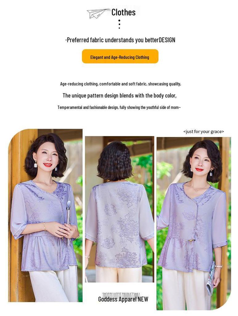 Elegant Summer 2026 Three-Quarter Sleeve T-shirt for Middle-Aged and Elderly Women