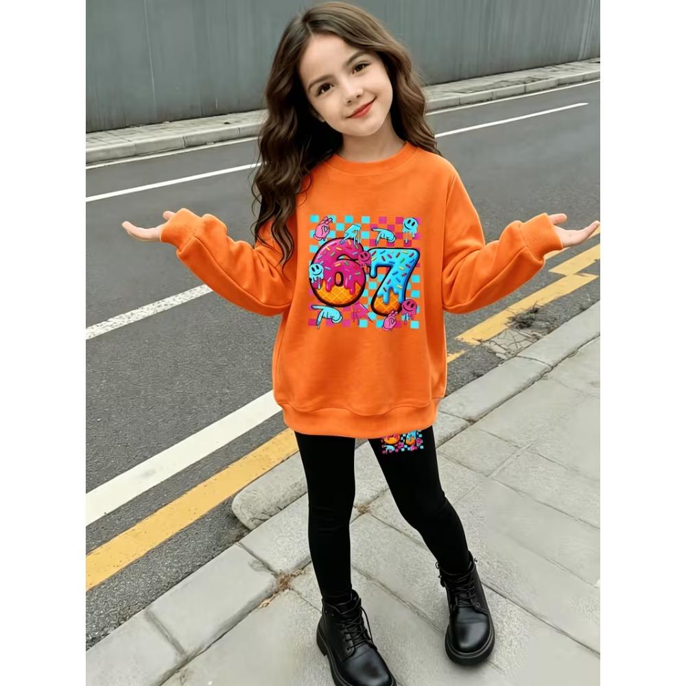 Girls' Donut Cartoon Casual Comfortable Soft Loose Pullover Sweatshirt and Leggings 2-Piece Set, New Autumn/Winter, Playful, Sweet and Cool Style