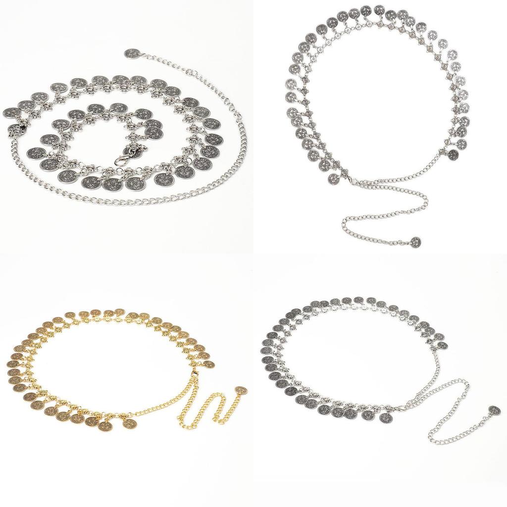 Style Metal Waist Belt With Coin Pendant And Hook Closure For Womens Fashion