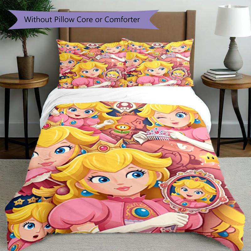 3pcs Duvet Cover Set (1*Duvet Cover + 2*Pillowcase, Without Core), Princess Peach Toadstool Print Bedding Set, Bedroom Decor, All‑Season, Birthday Gif