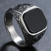 Inele pentru Bărbați cu Onix Negru, Piatră Prețioasă Pătrată 12x14mm Sculptată, Bandă de Cupru Vintage, Bijuterie Boldă cu Stil Gothic Cadou pentru El