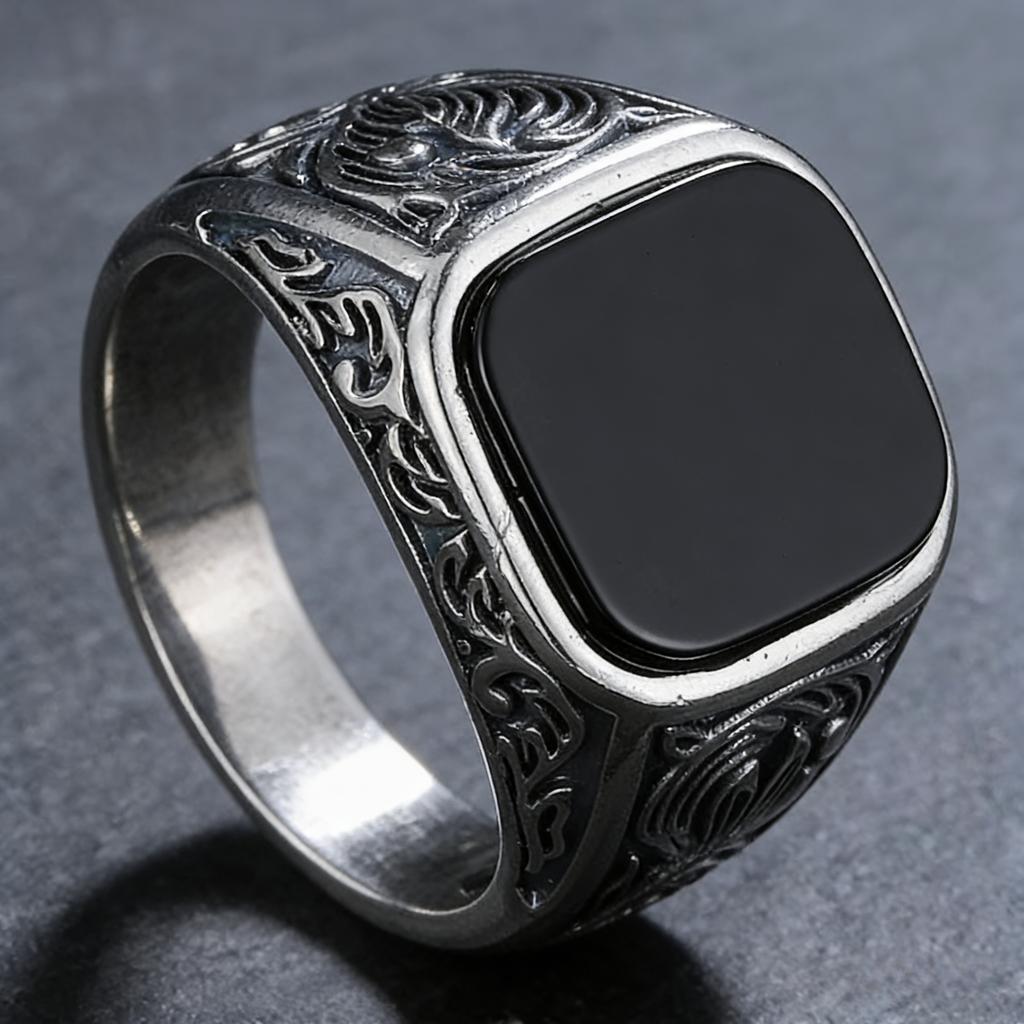 Inele pentru Bărbați cu Onix Negru, Piatră Prețioasă Pătrată 12x14mm Sculptată, Bandă de Cupru Vintage, Bijuterie Boldă cu Stil Gothic Cadou pentru El