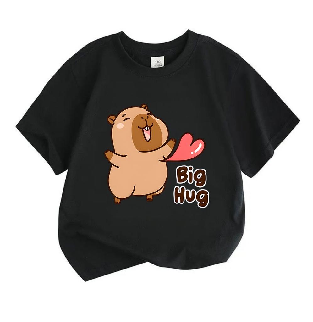 Kids Boys Girls Crew Neck Short Sleeve 100% Cotton T-Shirt, Cute Cartoon Capybara Big Hug Pattern Casual Soft Comfortable Tee for Daily Wear Holiday G