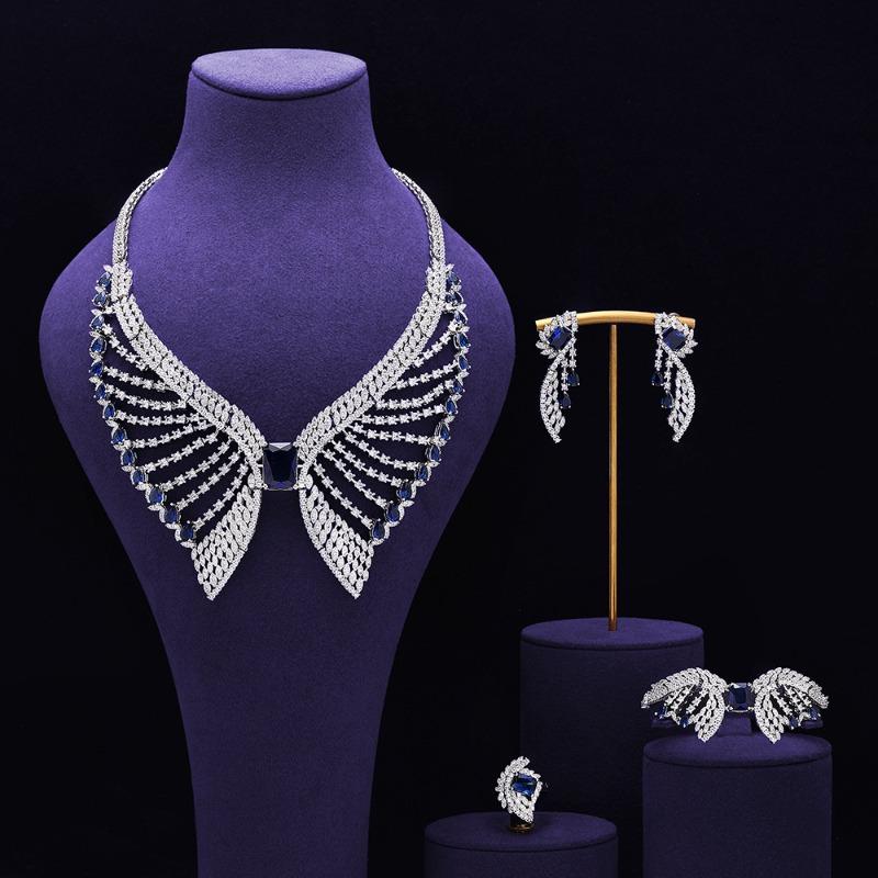 Modischer und umweltfreundlicher Zirkon-Halsketten-Ohrring-Set mit Kupferintarsien, 4-teiliges Bankett-Hochzeits-Accessoire