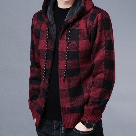 Men Fall Winter Jacket Color Matching Plaid Print Knitted Hooded Zipper Closure