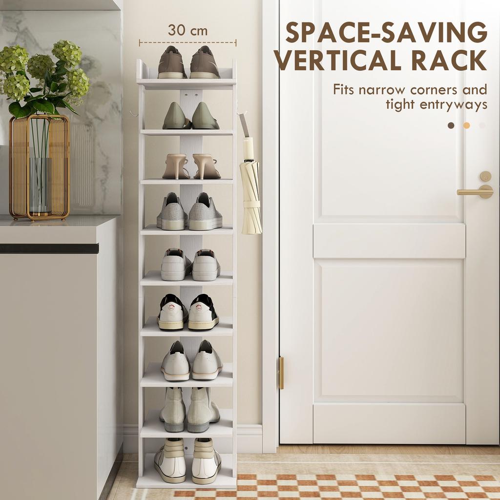 Shoe Rack 9-Tier Shoe Storage Organiser Top Tray Guardrail 2 Hooks 30 X 30 X 128.4 Cm White