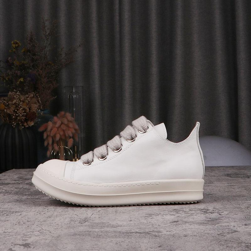 Men's Shoes Genuine Leather Jumbo Shoelace Women's Sneakers Fashion Black Solid Lace-up Men's Casual Shoes