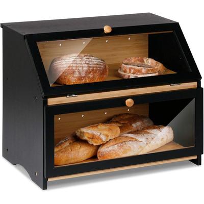Caixa de pão grande de camada dupla para balcão de cozinha, recipiente de armazenamento de pão de madeira de grande capacidade (Preto)