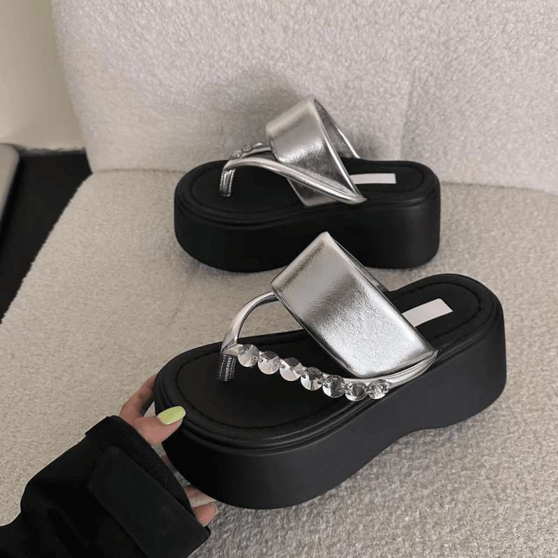 Korean fairy style elegant solid color muffin bottom slippers 2025 new Korean version fashion pearl toe slippers