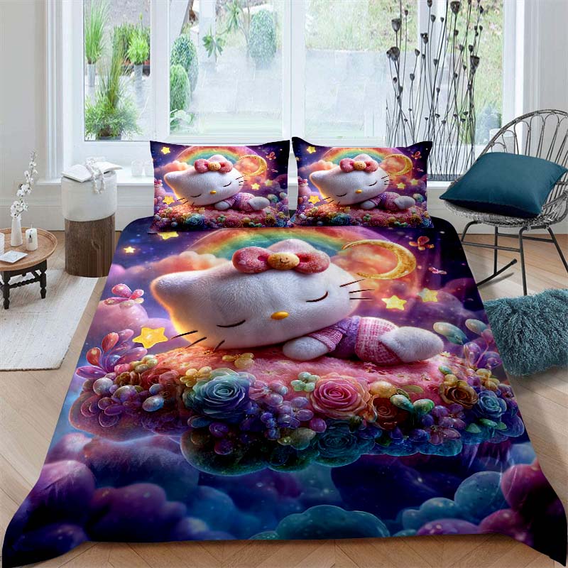 This Hello Kitty three-piece bedding set with a cartoon heart print, including one duvet cover and two pillowcases, makes a perf