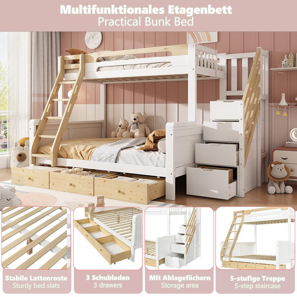 Bunk bed 90x200/140x200 cm white & natural, family bed made of wood with storage stairs, ladder, 3 bed drawers and fall protection for children's room