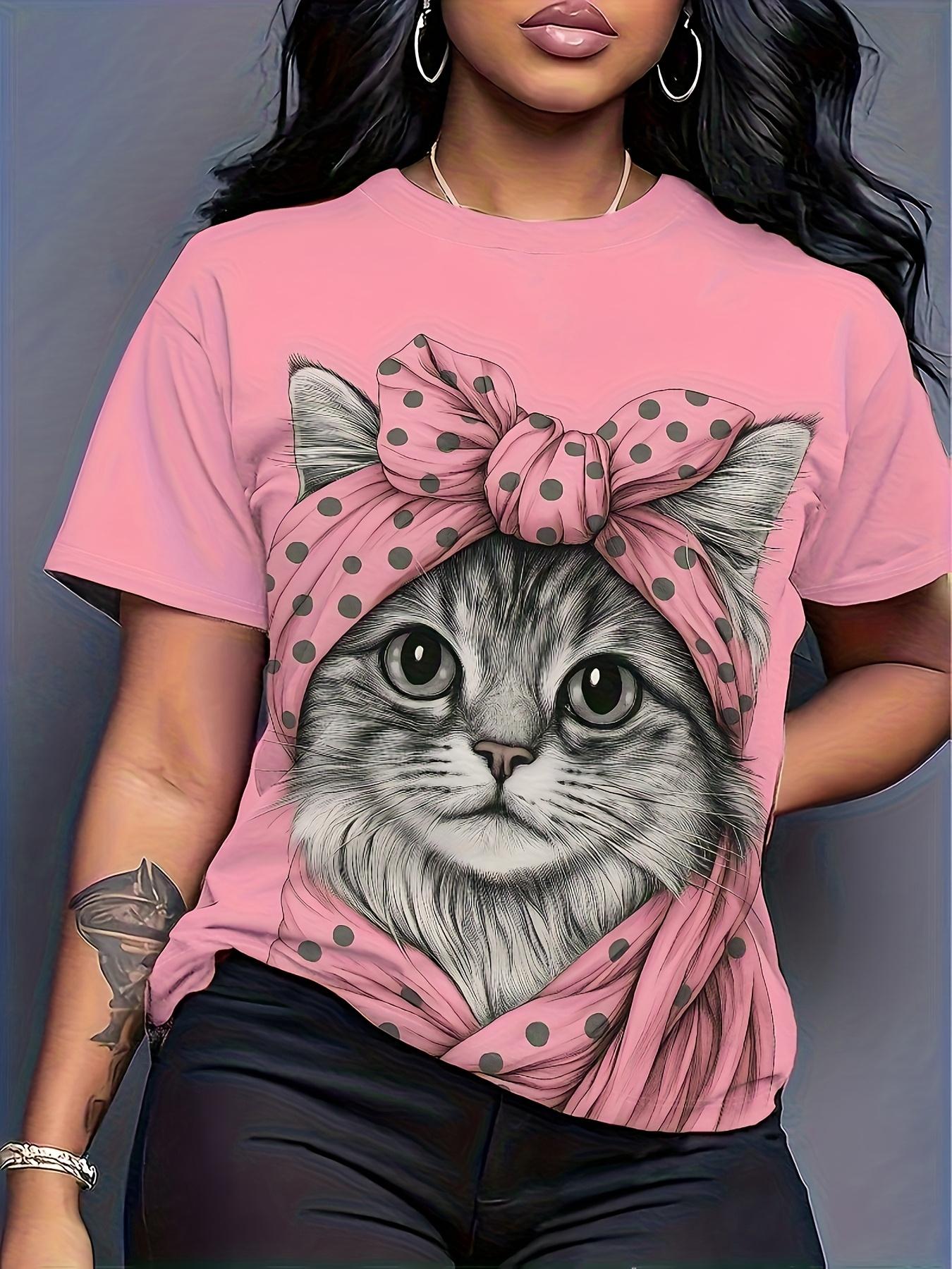 

Retro Polka Dot Bow Cat Print Short Sleeve T-Shirt for Women. Sweet And Cute Pet Style Pink Loose Top. Adorable Cat Pattern Tee 3XL дубильна кора
