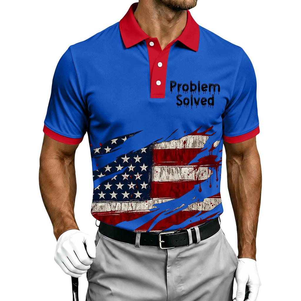 Men's Short Sleeve Polo Shirt Halloween Flag Print Casual Button Down Collar Top Lightweight Breathable Fabric Summer Wear