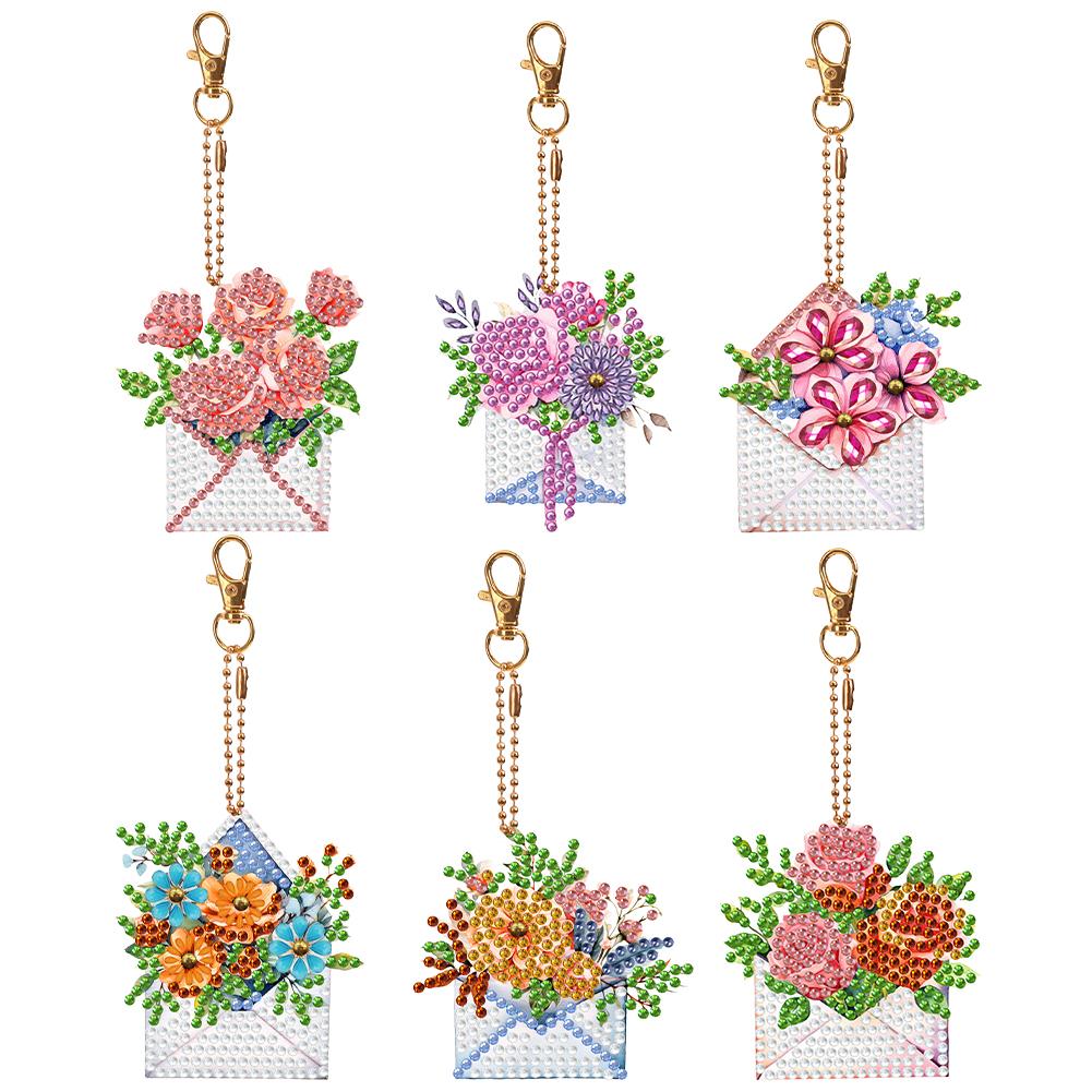 5/6/7PCS Rhinestone Painting Keychain Pendant Diamond Art Keyring Rose Grey Dragon Cute Kitten Envelope Flowers Mandala
